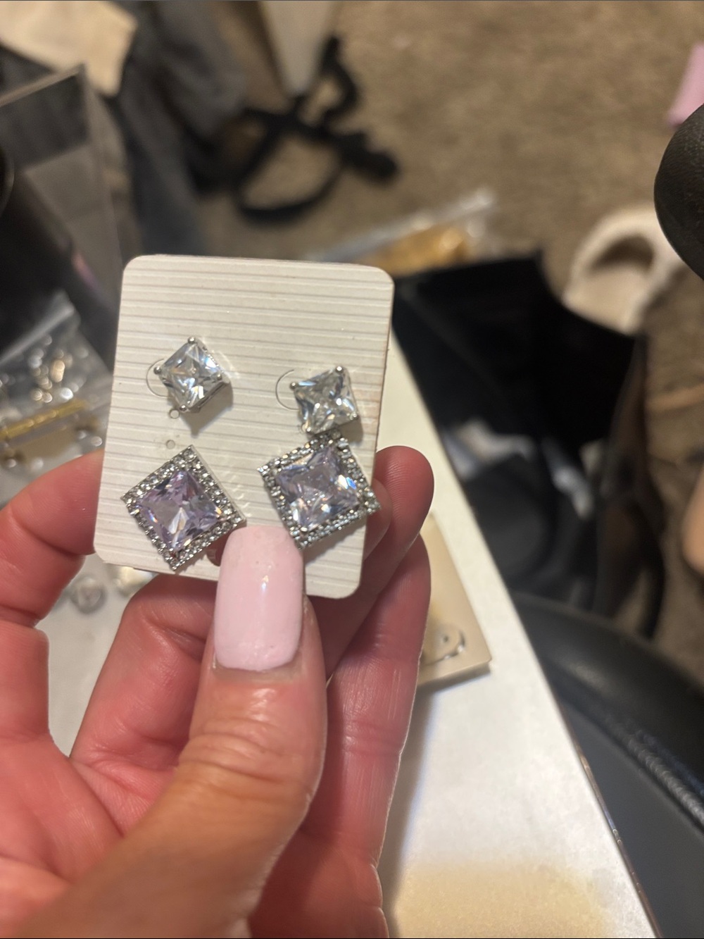 Silver Crystal Square Stud Earrings - Women Jewelry